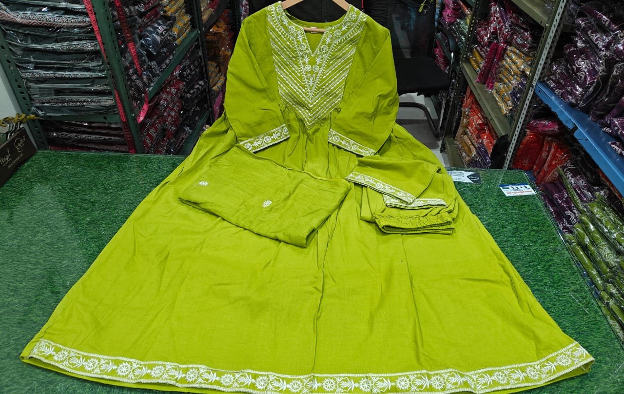 Yellow Cotton Embroidered Anarkali Suit Set with Dupatta